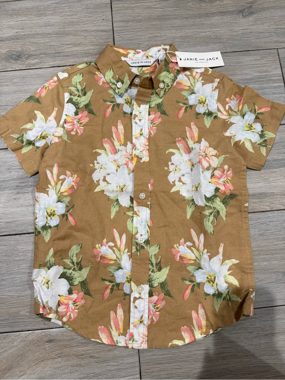 BNWT Janie and Jack Tan Floral Short-Sleeve Button-Down Shirt